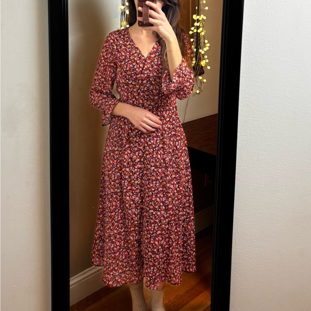 Madewell floral classy faux wrap V-Neck Midi Dress quarter sleeve size  XS 0